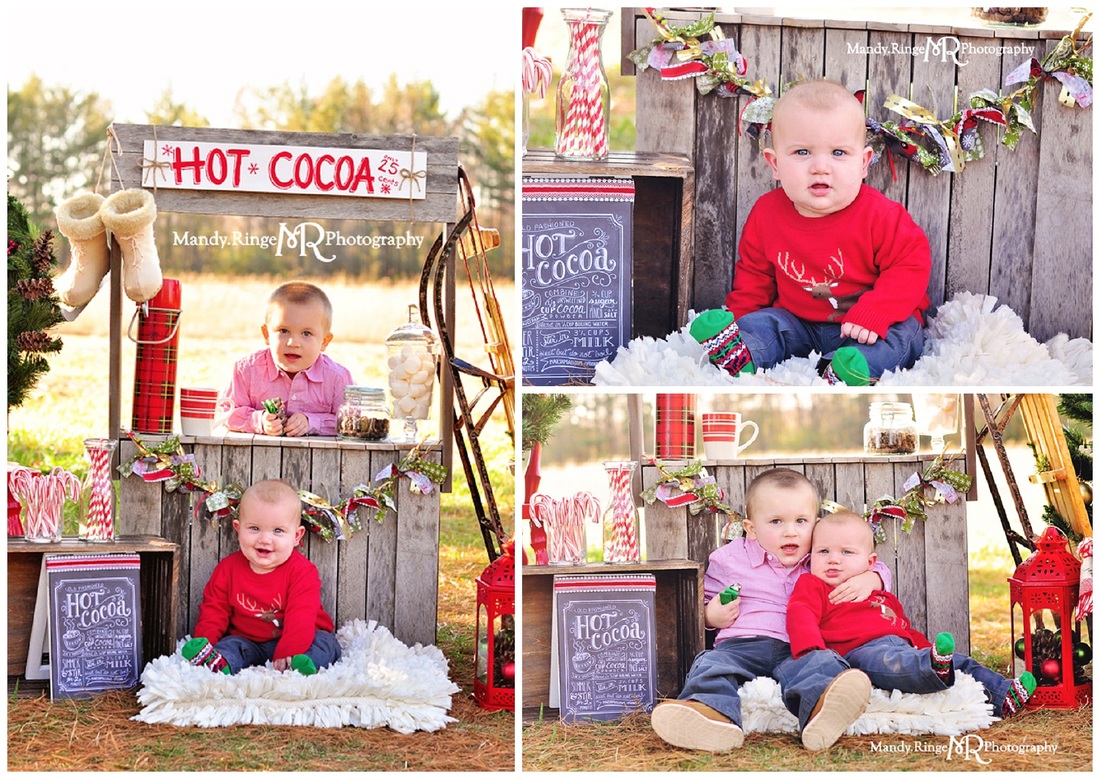 Hot Cocoa Stand styled mini session // sunny day, open field, pine trees, christmas tree, vintage sled, plaid thermos, wooden stand, marshmallows // St Charles, IL // by Mandy Ringe Photography