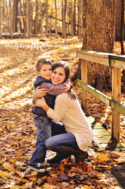 Fall family portraits // Yellow maple tree grove, leaves, forest, woods, wooden bridge // River Trail Nature Center - Northbrook, IL // by Mandy Ringe Photography