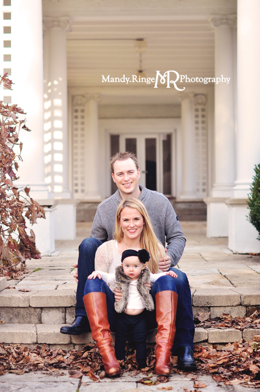 9 month milestone portraits, family portrait // Outdoors, fur vest // Hurley Gardens - Wheaton, IL // by Mandy Ringe Photography