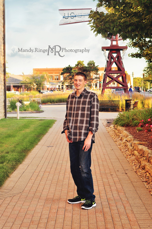 Male senior portraits // brick path, windmill // Batavia Riverwalk - Batavia, IL // by Mandy Ringe Photography