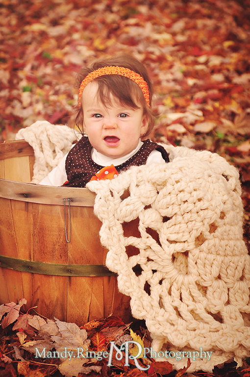 Fall portraits of 9 month old twins // Sitting in an apple basket among leaves // St. James Farm - Wheaton, IL // by Mandy Ringe Photography