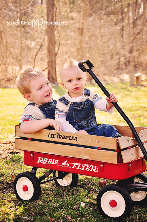 Cousins photo shoot // Boys, radio flyer wagon, overalls // Camden, OH // by Mandy Ringe Photography