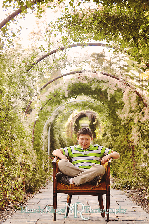 Autumn family portraits - sitting in an antique chair under the rose arbor // Fabyan Forest Preserve - Batavia, IL // by Mandy Ringe Photography