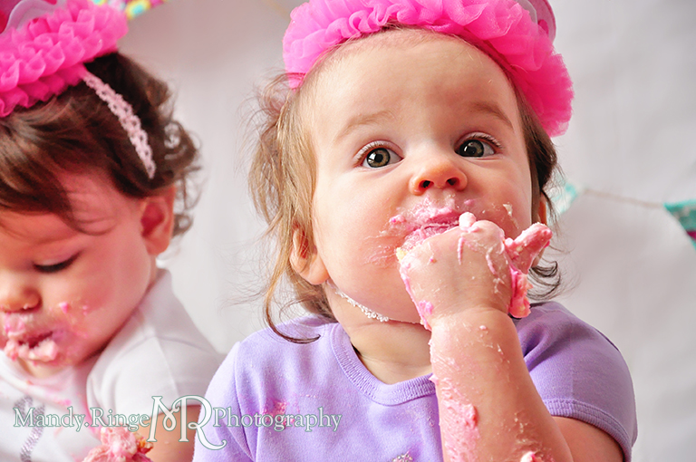 Twin girl's first birthday portraits // Cupcake smash cake, pink cake hats, fabric pennants, pink, teal, fuchsia, yellow, rhinestone name shirts // by Mandy Ringe Photography