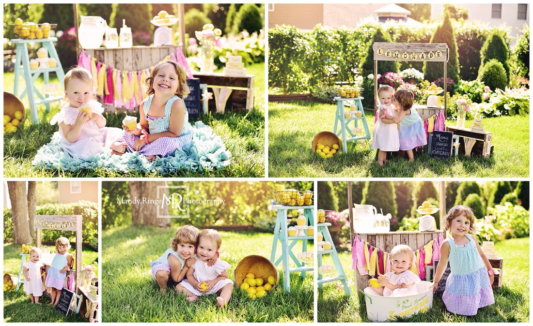 Lemonade stand styled mini session // wooden stand, pink, yellow, teal, lemons, cupcakes, lemonade // St. Charles, IL // by Mandy Ringe Photography