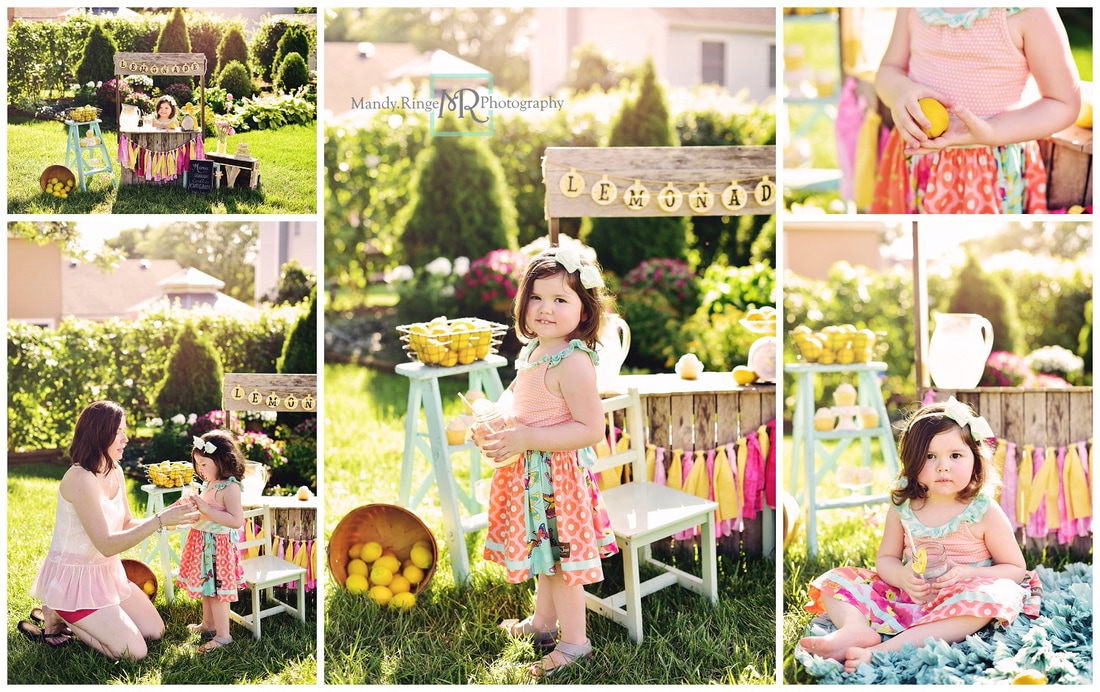 Lemonade stand styled mini session // wooden stand, pink, yellow, teal, lemons, cupcakes, lemonade // St. Charles, IL // by Mandy Ringe Photography
