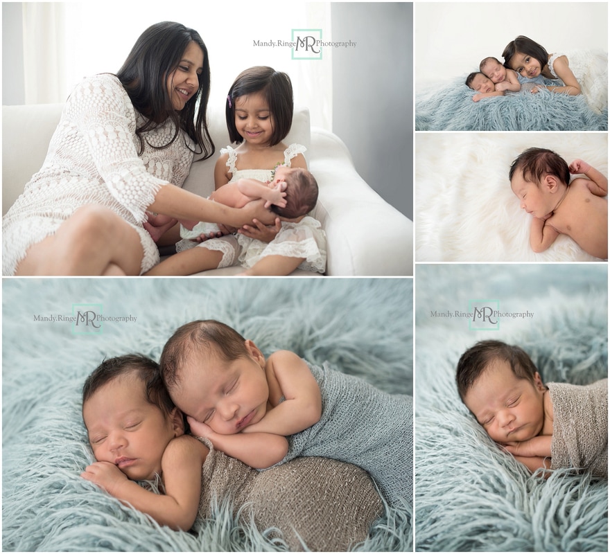 Newborn twin boys // blue fur, ivory, neutrals, in home session // Saint Charles, IL // by Mandy Ringe Photography