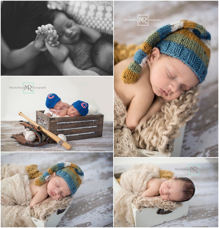 Newborn twin boys // blue fur, ivory, neutrals, in home session, Cubs baseball, crochet hats, crate, drawer // Saint Charles, IL // by Mandy Ringe Photography