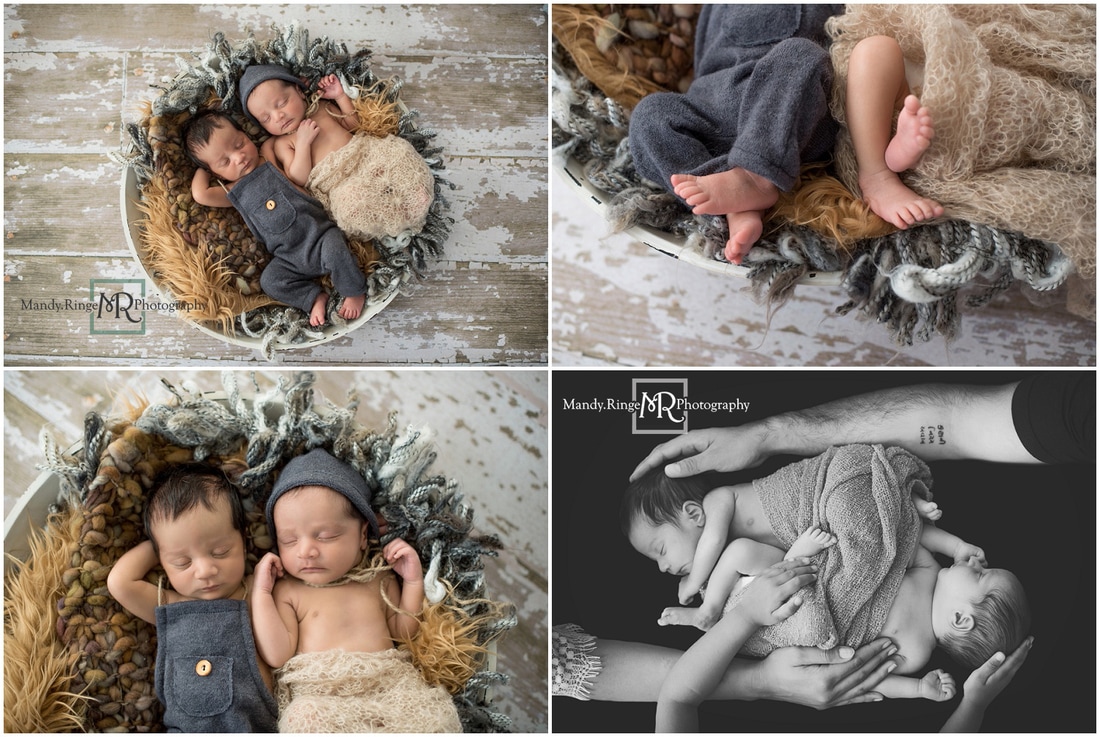 Newborn twin boys // chippy wood floor, bowl, layers of fur, neutrals, in home session // Saint Charles, IL // by Mandy Ringe Photography