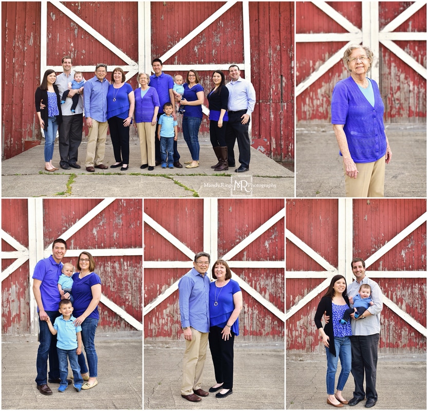 Extended family portraits // Outdoor, red and white barn, blue, black, gray // Leroy Oakes - St. Charles, IL // by Mandy Ringe Photography