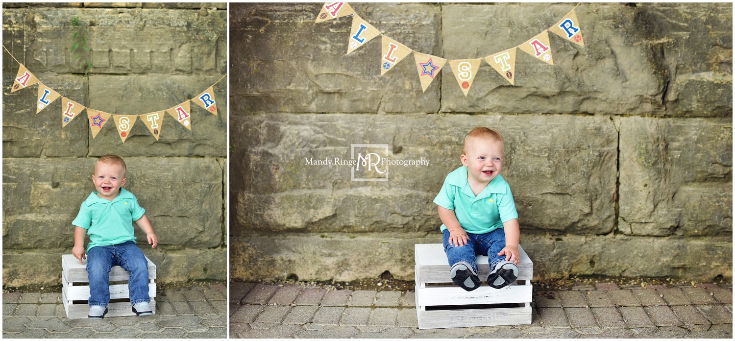 First birthday portraits // outdoors, stone wall, all star, sitting on a crate // Pottawatomie Park - St. Charles, IL // by Mandy Ringe Photography