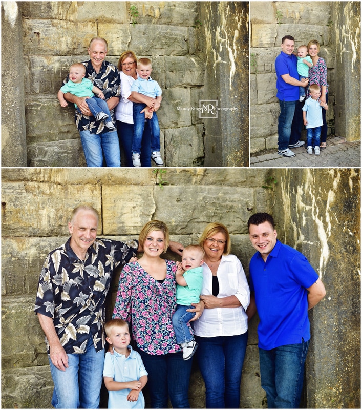 Extended family portraits // outdoors, stone wall // Pottawatomie Park - St. Charles, IL // by Mandy Ringe Photography