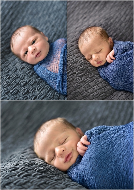Newborn boy portraits // blue wrap, gray posing blanket  // St Charles, IL // by Mandy Ringe Photography