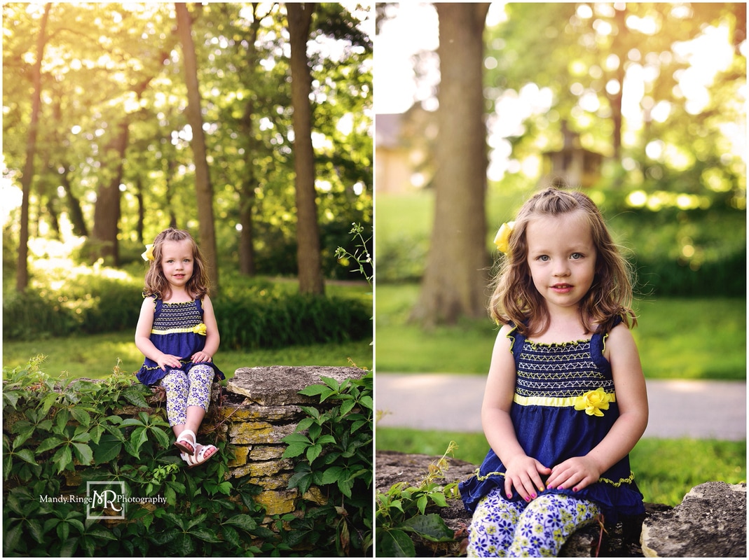 4 year old girl milestone portraits // navy and yellow outfit, outdoors, rock wall // Fabyan Forest Preserve - Geneva, IL // by Mandy Ringe Photography