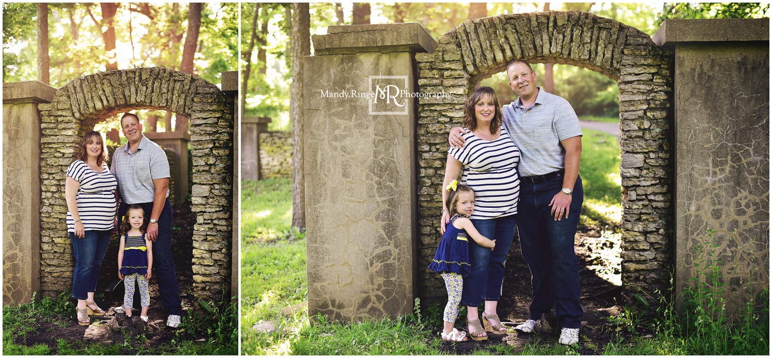 Family portraits // navy, yellow, gray outfits, outdoors, rock wall, stone arch // Fabyan Forest Preserve - Geneva, IL // by Mandy Ringe Photography