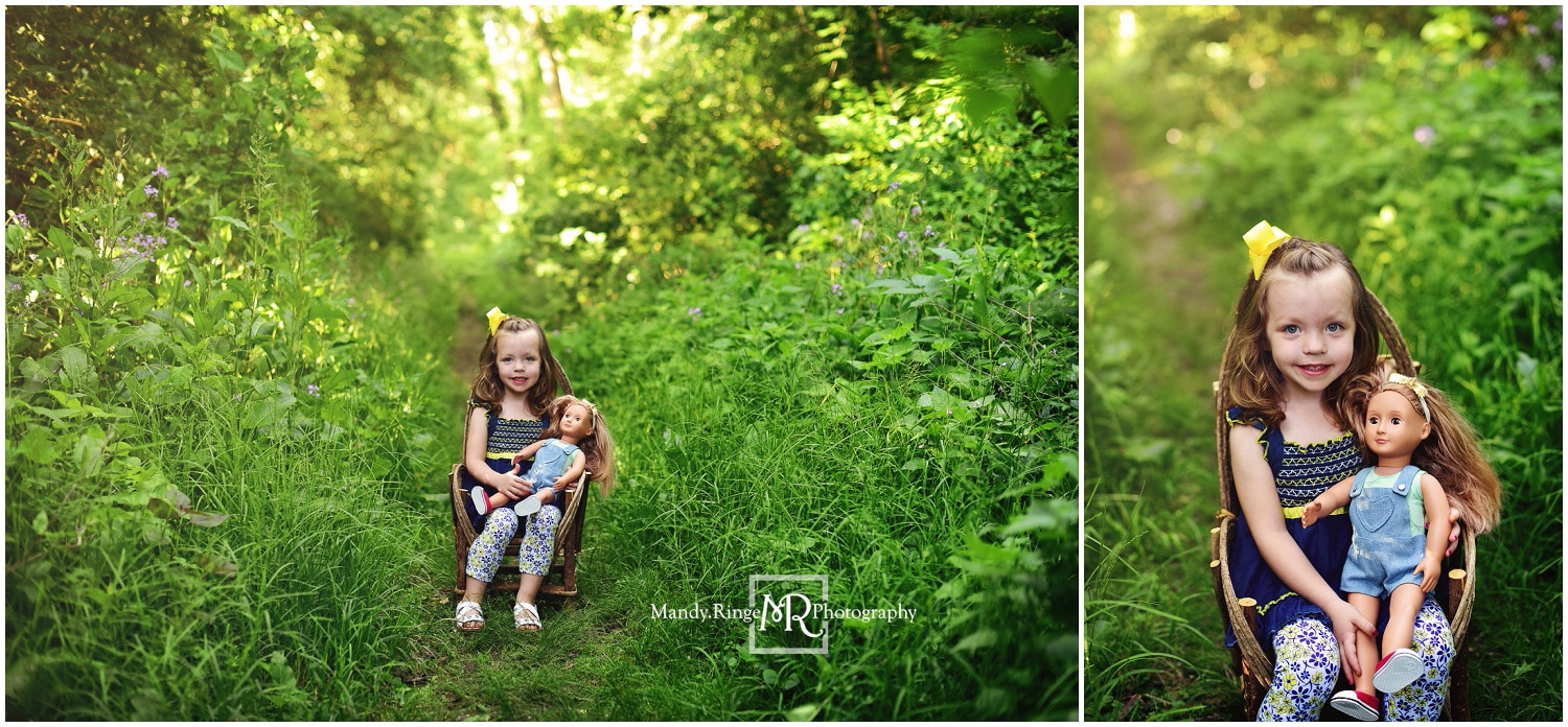 4 year old girl milestone portraits // navy, yellow, gray outfits, American Girl doll, outdoors, wildflowers, purple phlox // Fabyan Forest Preserve - Geneva, IL // by Mandy Ringe Photography