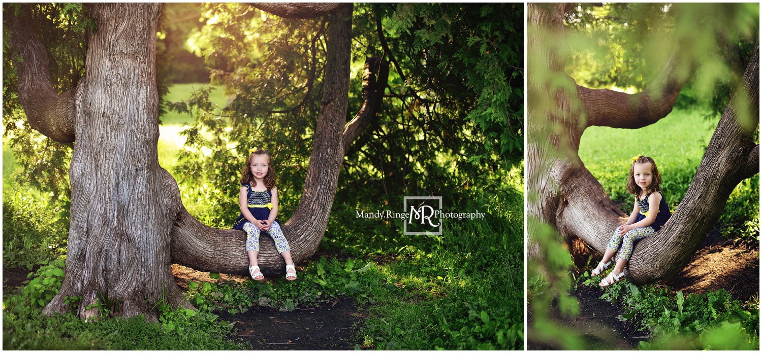 4 year old girl milestone portraits // navy, yellow, gray outfits, outdoors, sitting on tree branch // Fabyan Forest Preserve - Geneva, IL // by Mandy Ringe Photography