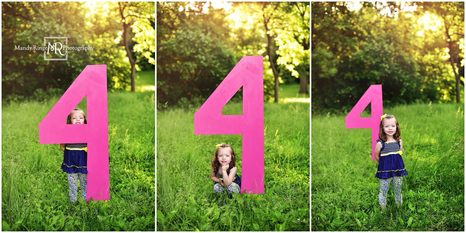4 year old girl milestone portraits // navy, yellow, gray outfits, outdoors, big pink number 4 // Fabyan Forest Preserve - Geneva, IL // by Mandy Ringe Photography