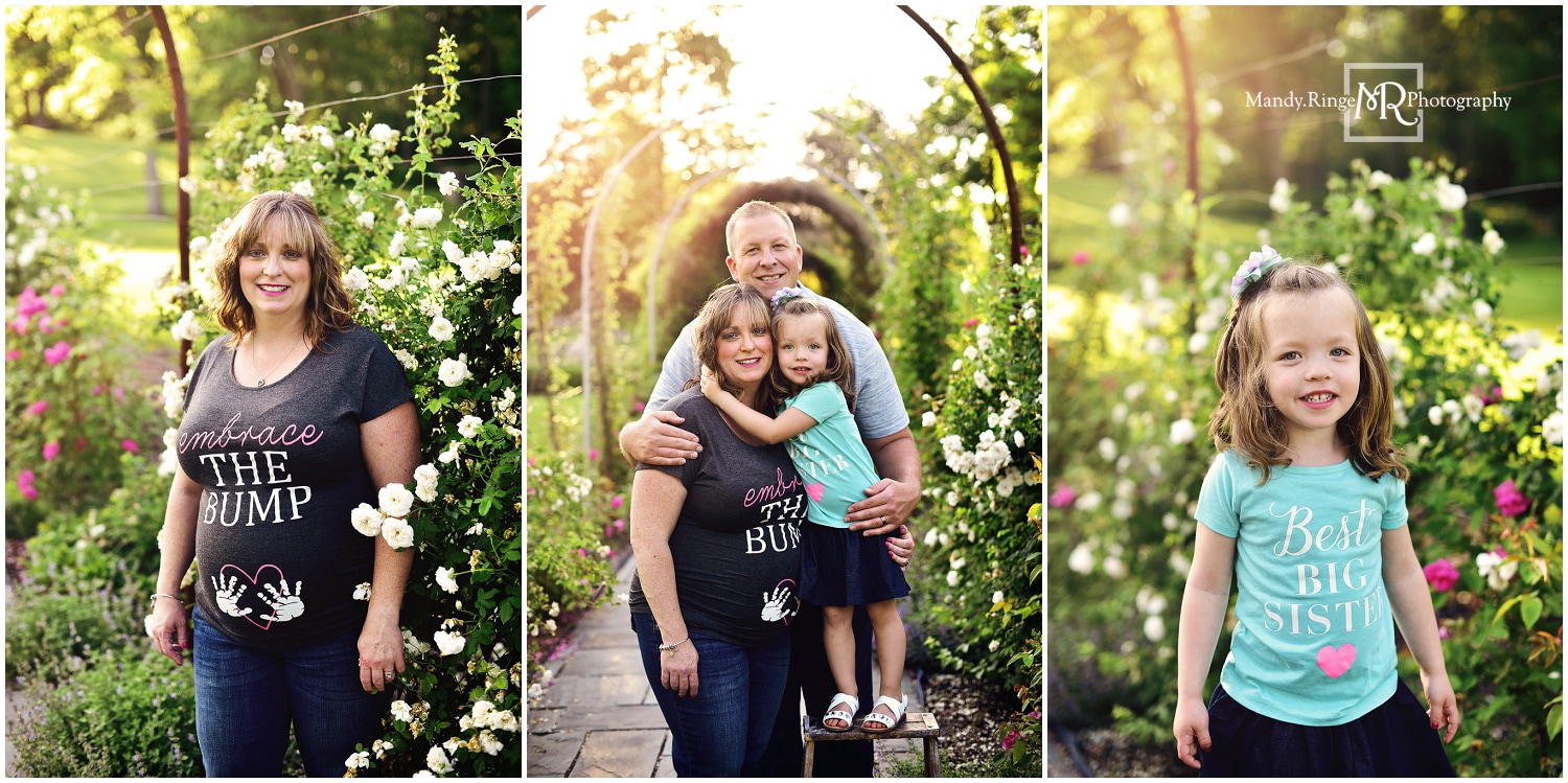 Maternity portraits // Embrace the Bump t-shirt, outdoors, iron gate, pink roses, it's a girl // Fabyan Forest Preserve - Geneva, IL // by Mandy Ringe Photography