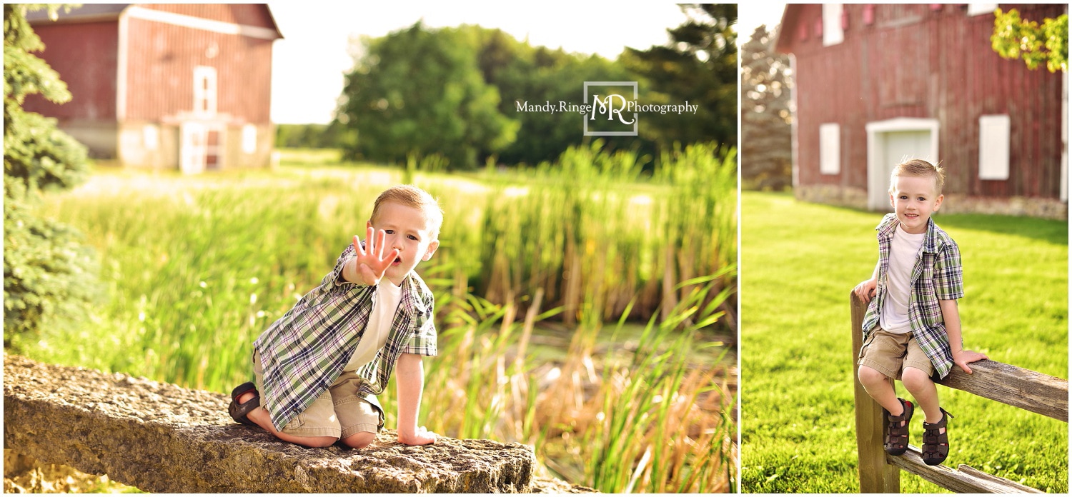  Sibling Portraits // 4 year old boy, stone bench, red barn, wooden fence // Leroy Oakes - St. Charles, IL // by Mandy Ringe Photography