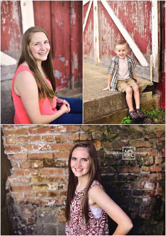  Sibling Portraits // red barn, shabby brick wall // Leroy Oakes - St. Charles, IL // by Mandy Ringe Photography