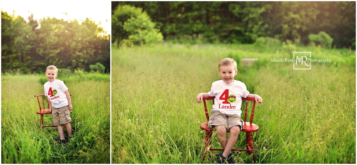  Sibling Portraits // outdoors, red chair in grass, 4 year old boy // Leroy Oakes - St. Charles, IL // by Mandy Ringe Photography