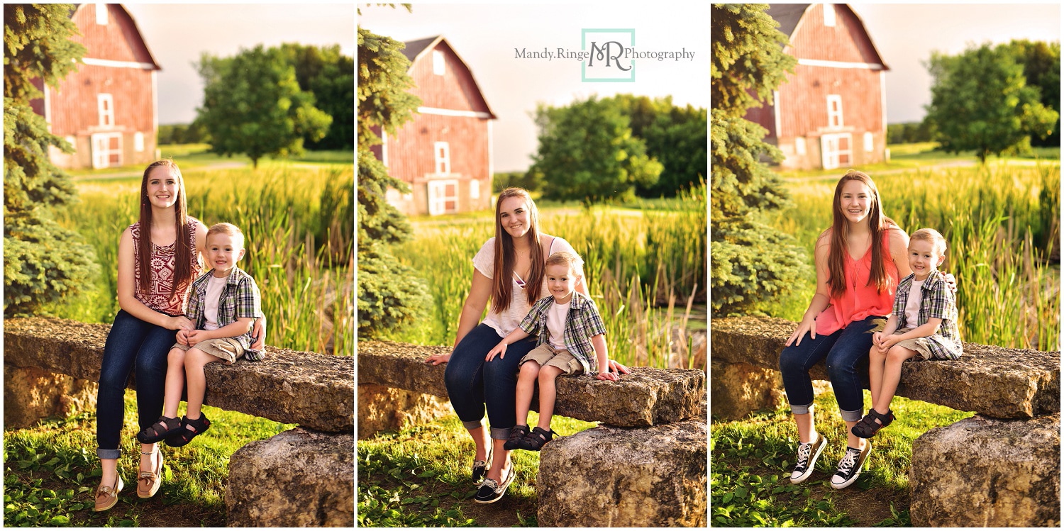  Sibling Portraits // 4 year old boy, stone bench, red barn // Leroy Oakes - St. Charles, IL // by Mandy Ringe Photography
