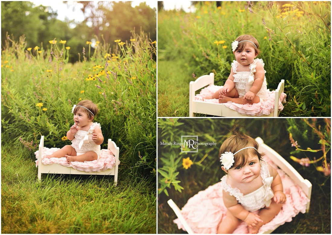 9 month old girl portraits // outdoors, wildflower field, small wooden bed, blush pink ruffle layer, ivory ruffle romper // Wheeler Park - Geneva, IL // by Mandy Ringe Photography