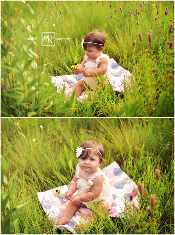 9 month old girl portraits // outdoors, wildflower field, quilt layer, ivory ruffle romper // Wheeler Park - Geneva, IL // by Mandy Ringe Photography