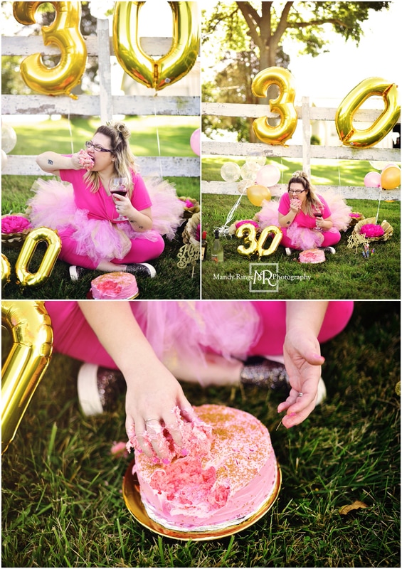 30th Birthday Cake Smash Session // pink and gold, balloons, wine, cake, tutu // Ohio Travel Session // by Mandy Ringe Photography