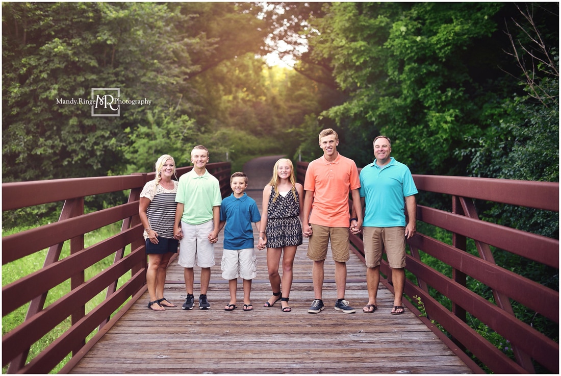 Summer family portraits // family of six, colorful outfits, pedestrian bridge // Leroy Oakes - St. Charles, IL // by Mandy Ringe Photography