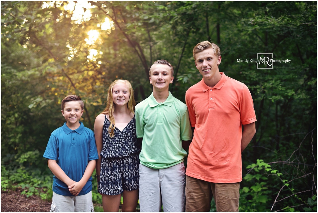 Summer family portraits // family of six, colorful outfits, wooded path // Leroy Oakes - St. Charles, IL // by Mandy Ringe Photography