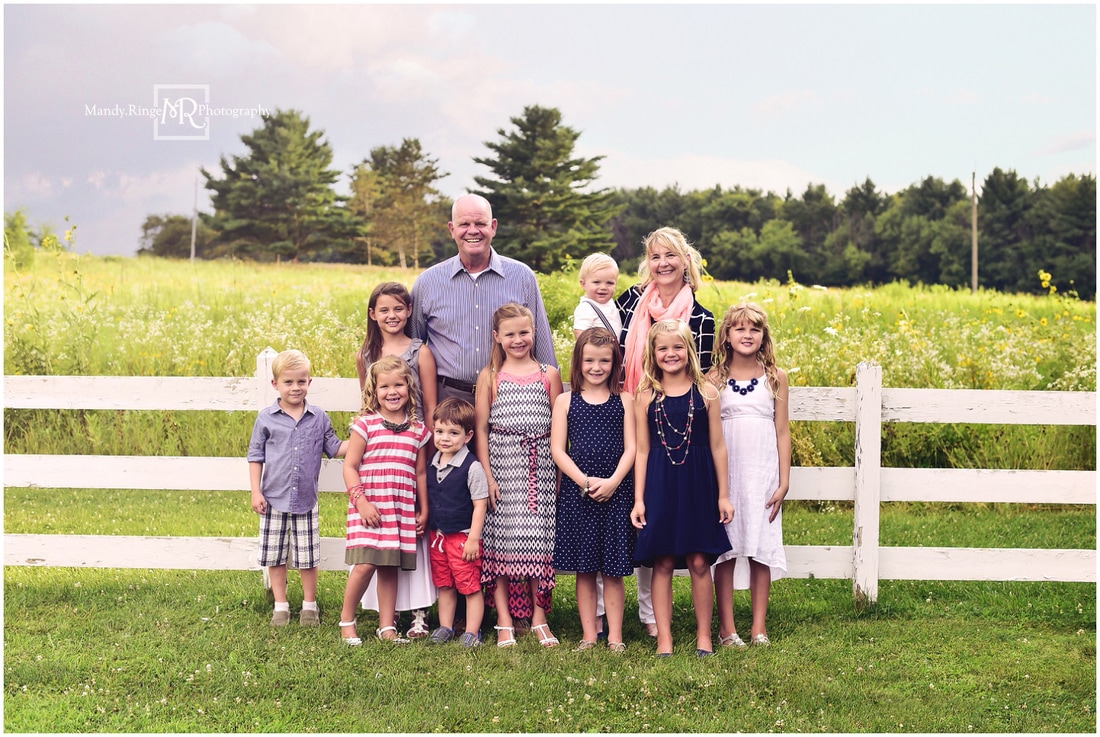 Summer extended family portraits // white fence, prairie, outdoors // Leroy Oakes - St. Charles, IL // by Mandy Ringe Photography