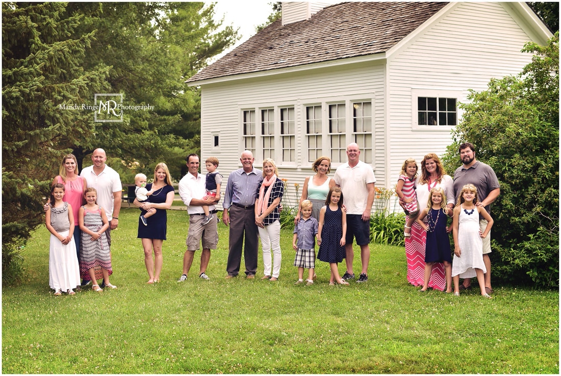 Summer extended family portraits // Prairie Sholes School, schoolhouse, prairie, outdoors // Leroy Oakes - St. Charles, IL // by Mandy Ringe Photography