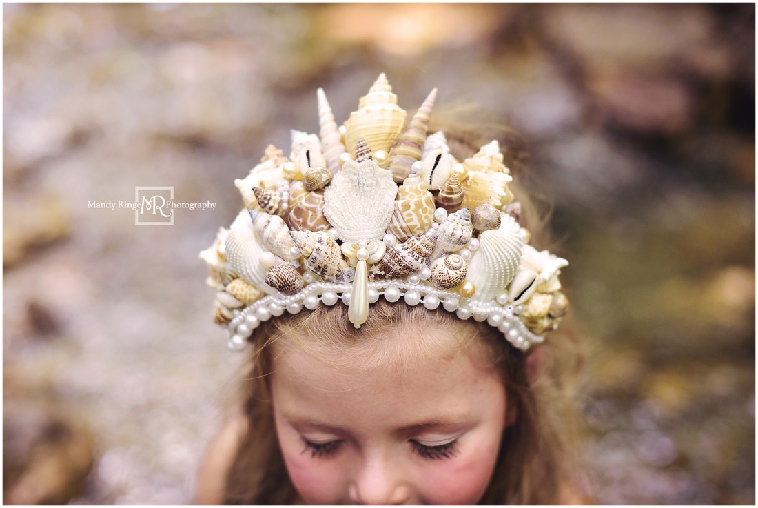 Mermaid mini session // green tail, toddler, handmade crown and top, shells, sitting on rocks, waterfall // South Elgin, IL // by Mandy Ringe Photography