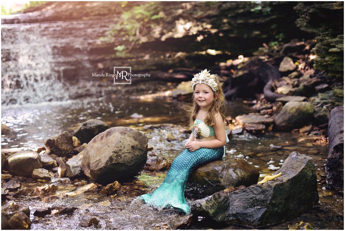 Mermaid mini session // green tail, toddler, handmade crown and top, shells, sitting on rocks, waterfall // South Elgin, IL // by Mandy Ringe Photography