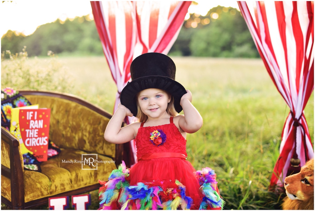 Circus mini session // red and white striped curtains, plush lion, circus letters, tophat, clown dress // Leroy Oakes - St.Charles, IL // by Mandy Ringe Photography