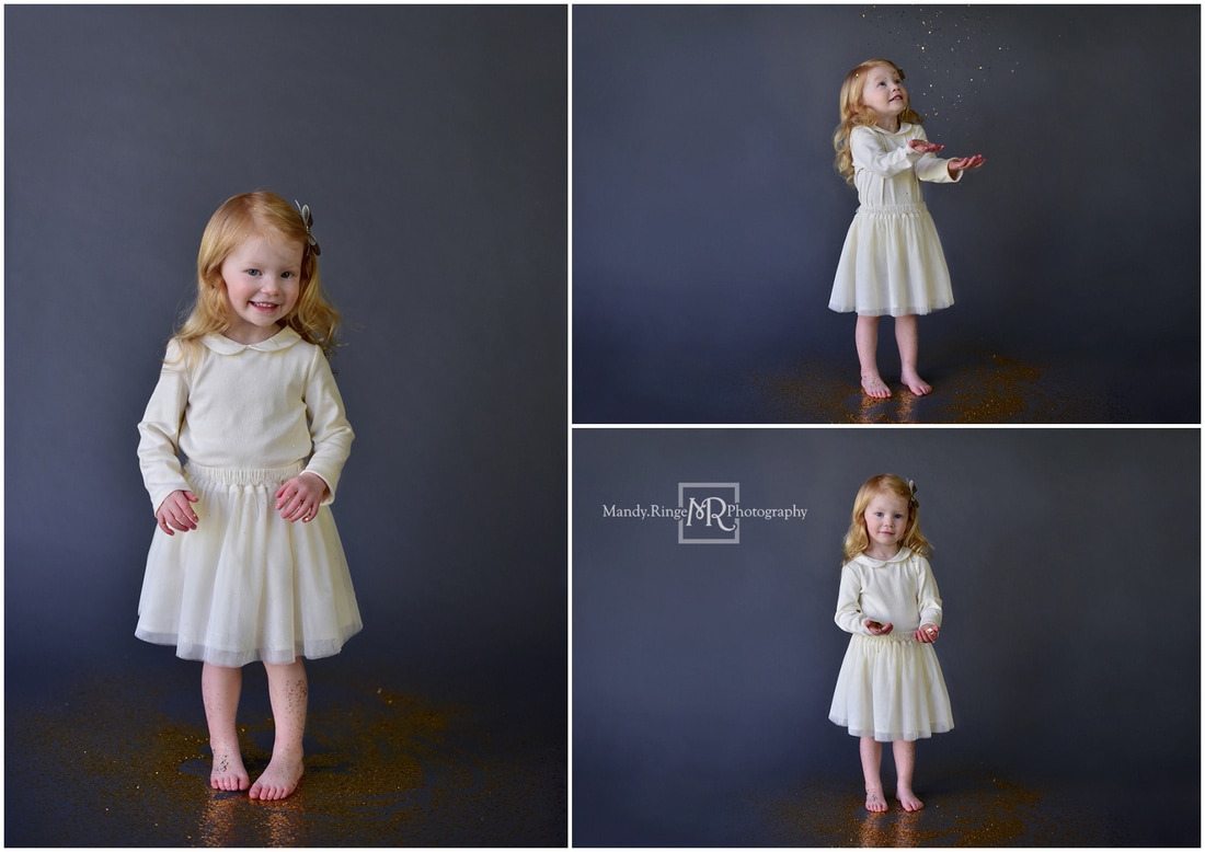 Glitter mini session // Gold glitter, gray backdrop, seamless paper, large and small glitter, ivory dress, gold bow // St. Charles, IL // by Mandy Ringe Photography