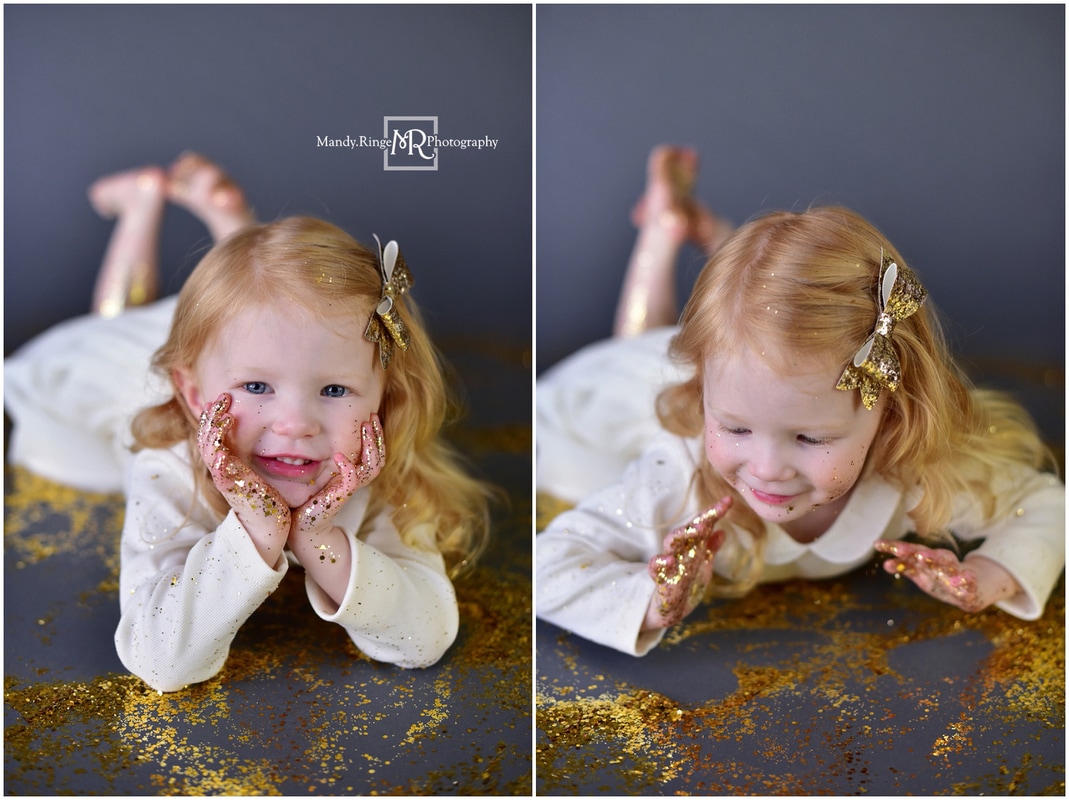 Glitter mini session // Gold glitter, gray backdrop, seamless paper, large and small glitter, ivory dress, gold bow // St. Charles, IL // by Mandy Ringe Photography