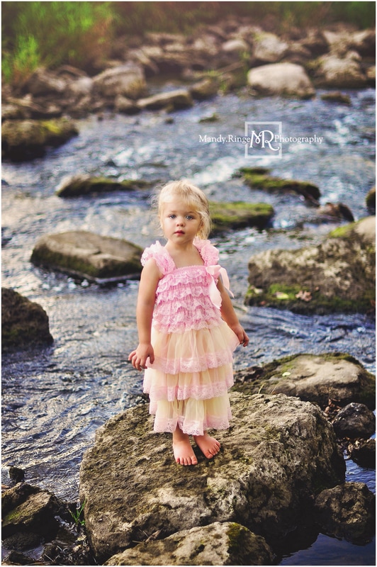 2 year old girl // fancy dress, pink and yellow ruffle, creek, goldenhour, summer, rocks // Leroy Oakes Forest Preserve - St. Charles, IL // by Mandy Ringe Photography