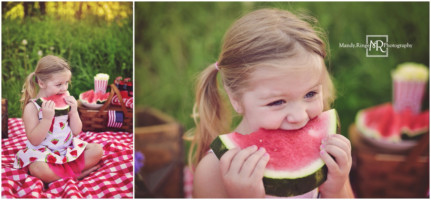 Watermelon Mini Session // Styled, picnic, fourth of july, 4th, checkered blanket, popcorn, coca cola, coke, summer // St. Charles, IL // by Mandy Ringe Photography