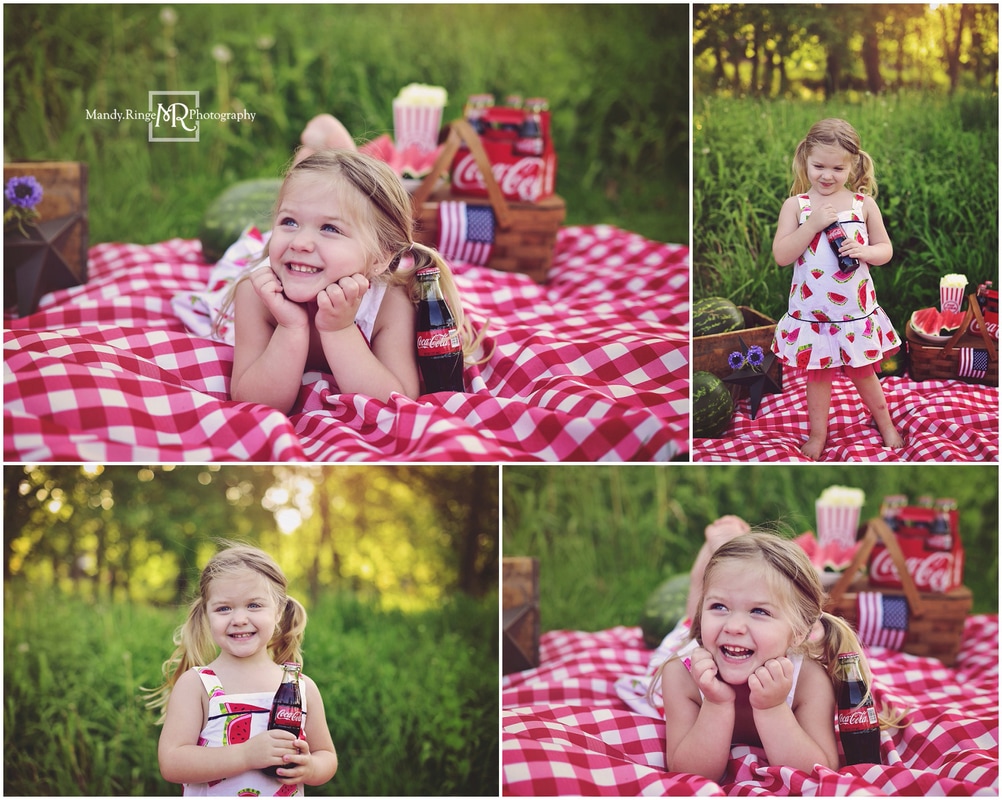 Watermelon Mini Session // Styled, picnic, fourth of july, 4th, checkered blanket, popcorn, coca cola, coke, summer // St. Charles, IL // by Mandy Ringe Photography