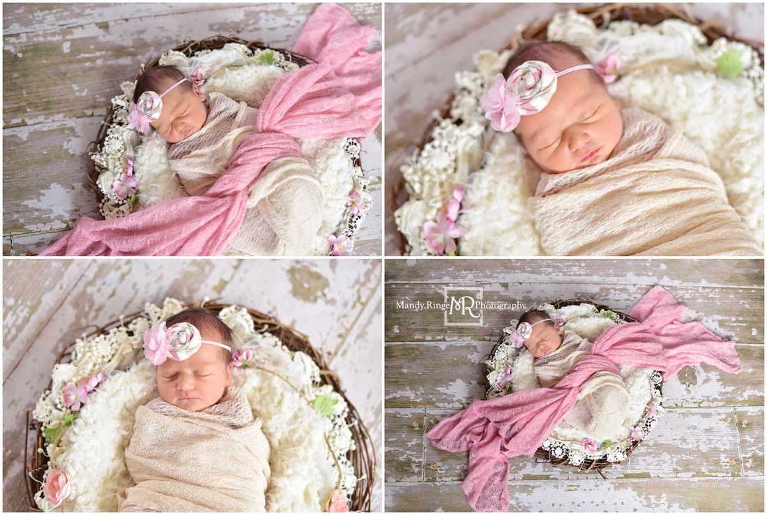 Newborn girl portraits // grapevine wreath, white and pink, flowers // St. Charles, IL // by Mandy Ringe Photography