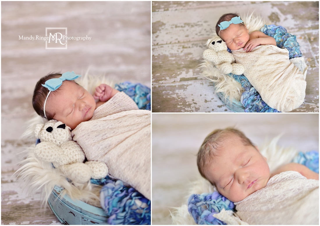 Newborn girl portraits // shabby blue bucket, crochet bear, ivory, teal,, purple // St. Charles, IL // by Mandy Ringe Photography