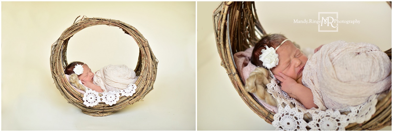 Newborn girl portraits // willow branch basket, crochet doily, ivory // St. Charles, IL // by Mandy Ringe Photography
