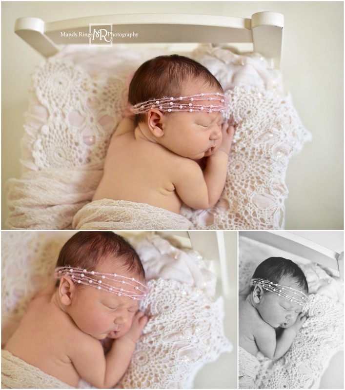 Newborn girl portraits // wooden bed, crochet doily, ivory // St. Charles, IL // by Mandy Ringe Photography
