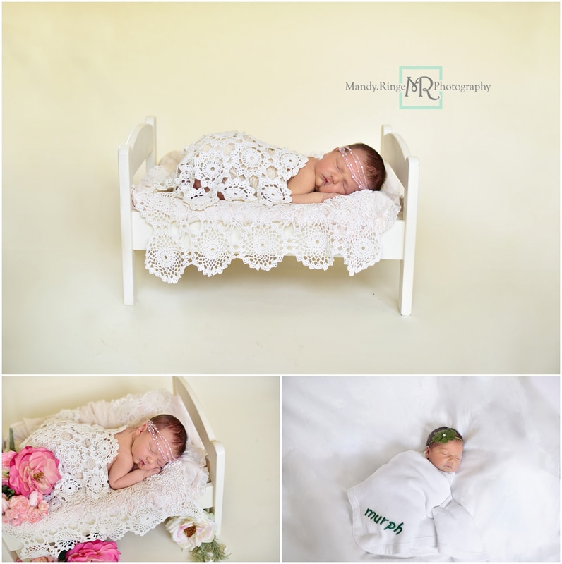 Newborn girl portraits // wooden bed, crochet doily, ivory // St. Charles, IL // by Mandy Ringe Photography