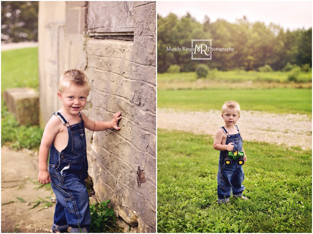 2nd birthday portraits // outdoors, summer, boy, toddler, rustic, farm, barn, overalls // Leroy Oakes Forest Preserve - St. Charles, IL // by Mandy Ringe Photography