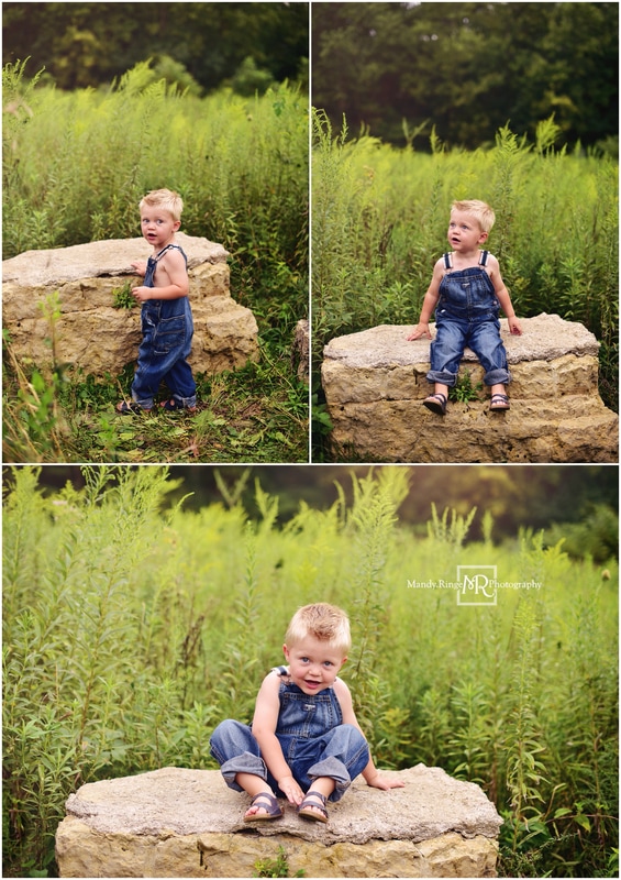 2nd birthday portraits // outdoors, summer, boy, toddler, rustic, farm, barn, overalls // Leroy Oakes Forest Preserve - St. Charles, IL // by Mandy Ringe Photography