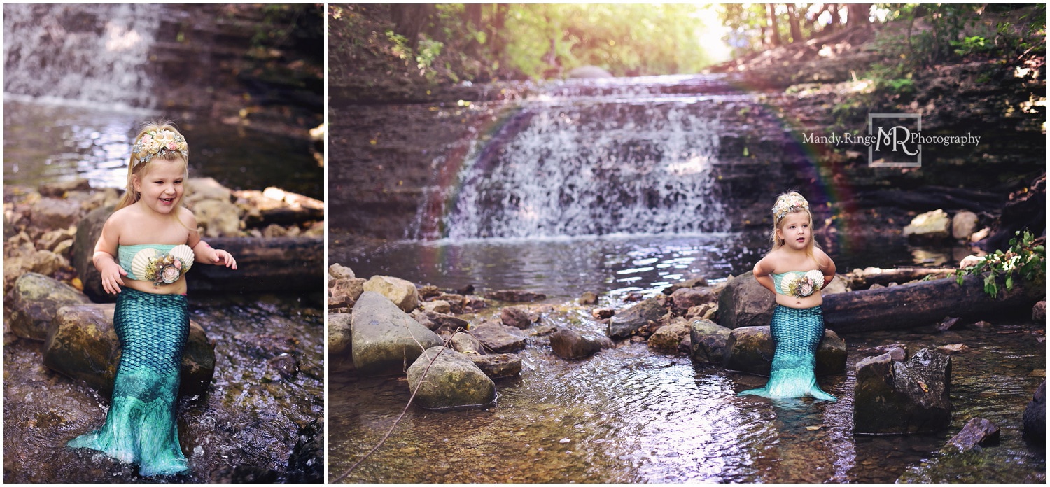 Mermaid mini session // green tail, floral shell top, waterfall, creek, rocks // South Elgin, IL // by Mandy Ringe Photography